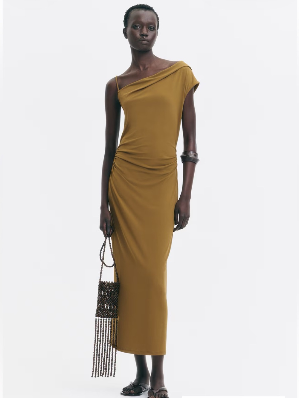 One-Shoulder Olive-Tan Midi asymmetrical jersey dress